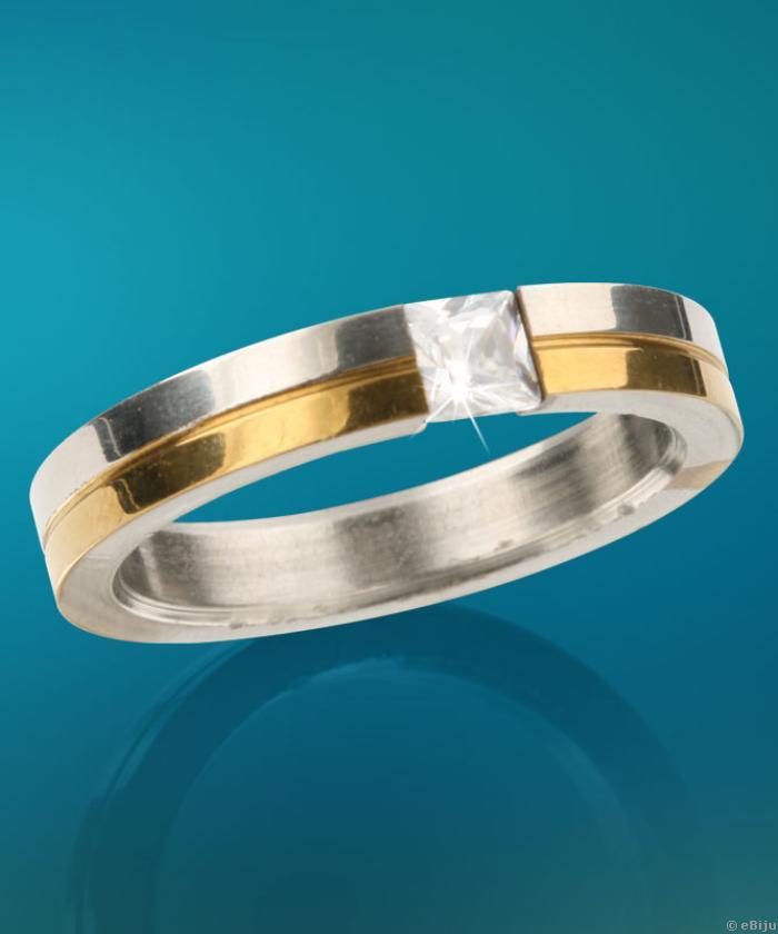 Inel unisex argintiu cu auriu si piatra zirconiu (marime 21 mm)