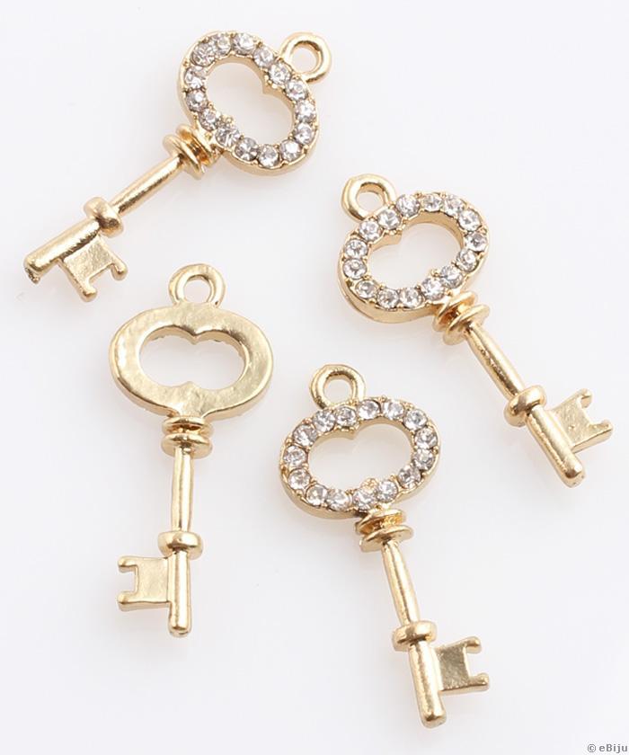 Kulcs medál, kristályokkal, aranyszínű fém, 2.8 x 1.2 cm