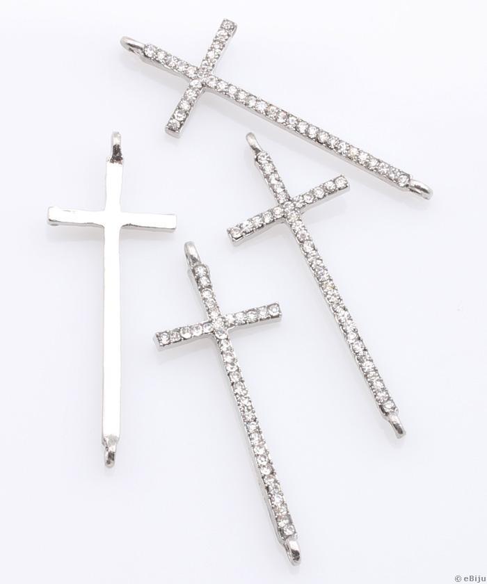Pandantiv cruce cu cristale, metal, argintiu, 4.2 x 1.5 cm
