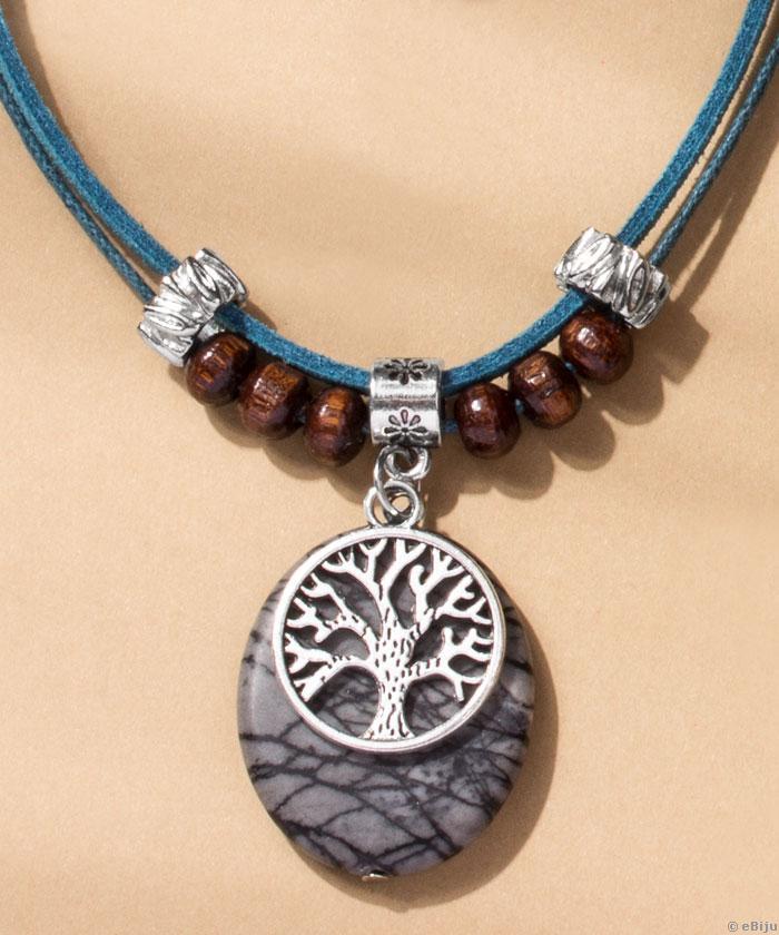 Pandantiv piatră jasp picasso, cu “Copacul Vieţii”, cu mărgele din lemn