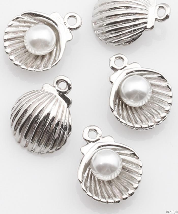 Pandantiv scoică cu perlă, metal, argintiu, 1.5 x 1.2 cm