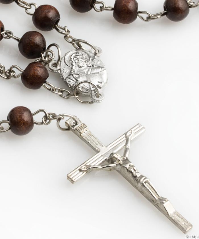 Rozar din mărgele de lemn maro cu cruce argintie şi iconiţă cu Iisus Hristos