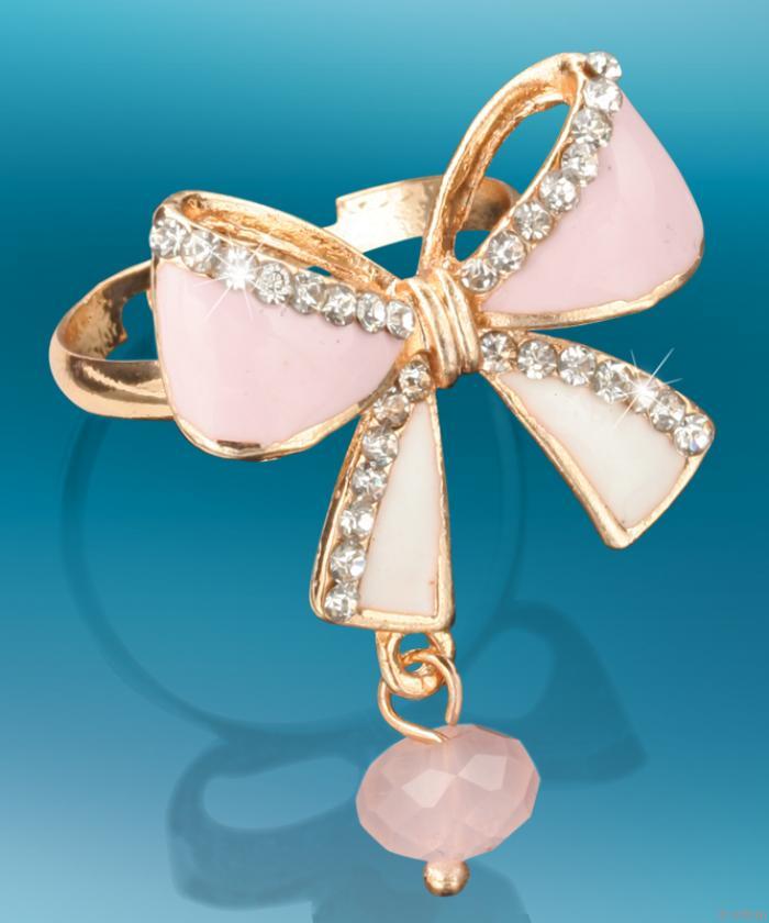 Rózsaszín-fehér masni gyűrű, aranyszínű fémből