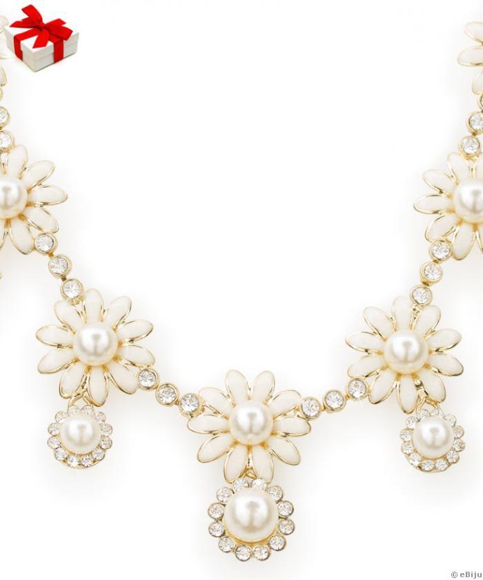Set colier şi cercei floare din email, perle de sticlă şi elemente Swarovski albe 