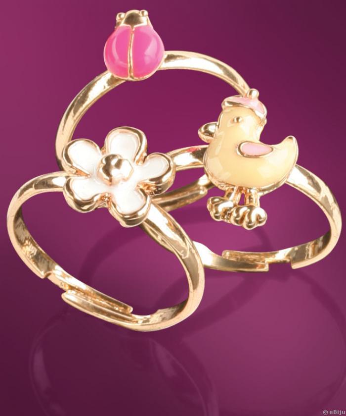 Set trei inele pentru fetite: floare, puisor si buburuza din metal auriu cu email